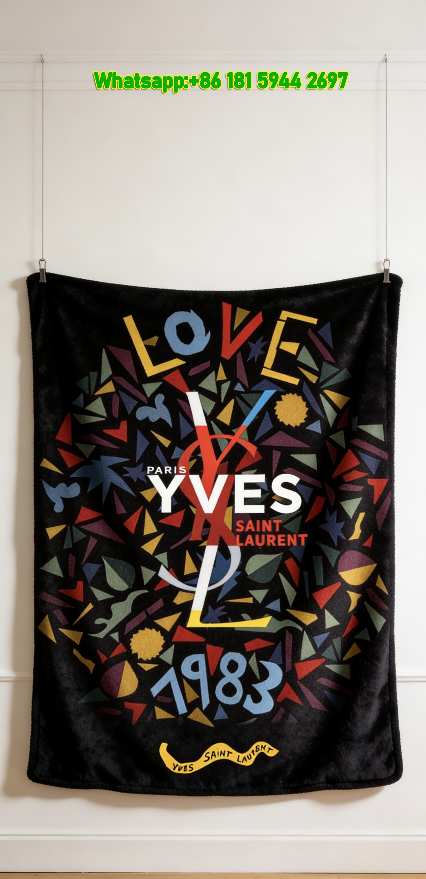 Yves Saint Laurent YSL Black Multicolor Love 1983 YSL Logo Print Flannel Throw Blanket IMG_3266